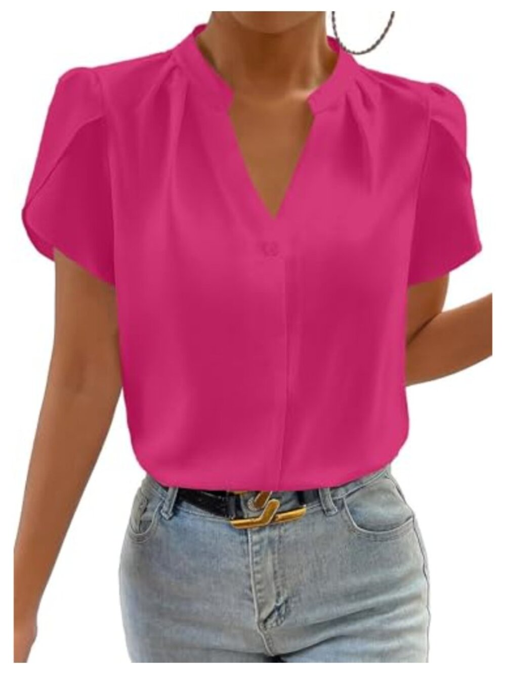 Womens Casual Notched V Neck Petal Short Sleeve Chiffon Blouse Summer T Shirt